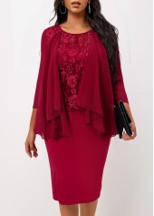3/4 Sleeve Wine Red Round Neck Dress