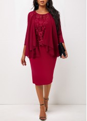 3/4 Sleeve Wine Red Round Neck Dress