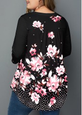 Plus Size Floral Print Split Neck Black Blouse