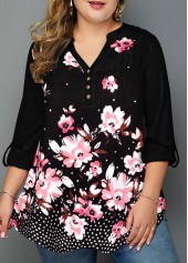 Plus Size Floral Print Split Neck Black Blouse