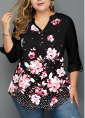 Plus Size Floral Print Split Neck Black Blouse