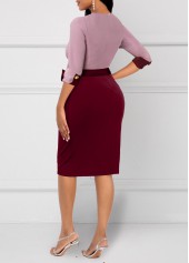 3/4 Sleeve Wine Red Decorative Button Bodycon Dress