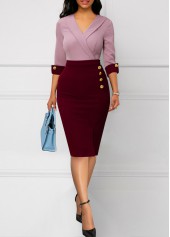 3/4 Sleeve Wine Red Decorative Button Bodycon Dress