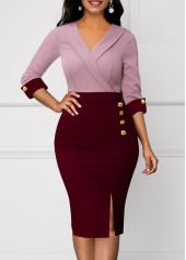 3/4 Sleeve Wine Red Decorative Button Bodycon Dress