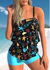 Plus Size Marine Life Print Layered Hem Tankini Set