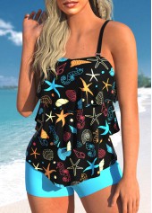 Plus Size Marine Life Print Layered Hem Tankini Set