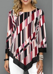 Asymmetric Hem Striped 3/4 Sleeve Blouse
