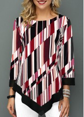 Asymmetric Hem Striped 3/4 Sleeve Blouse