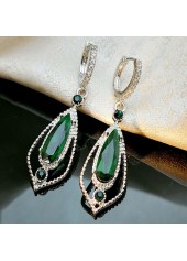 Rhinestone Waterdrop Design Metal Green Earrings