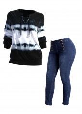 Tie Dye Print Black Split Neck Sweatshirt