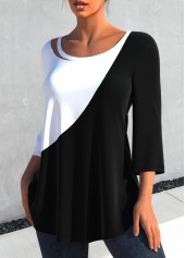 Contrast 3/4 Sleeve Black Round Neck T Shirt