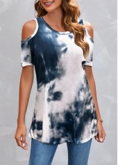 Cold Shoulder Navy Tie Dye Print T Shirt