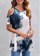 Cold Shoulder Navy Tie Dye Print T Shirt