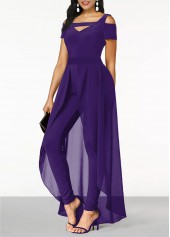 Asymmetry Purple Ankle Length Off Shoulder Short Sleeve Jumpsuit