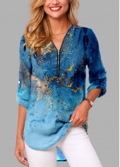 Quarter Zip Blue Scape Print Blouse