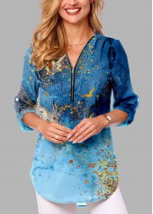 Quarter Zip Blue Scape Print Blouse