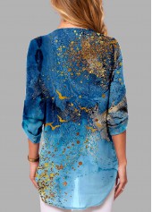 Quarter Zip Blue Scape Print Blouse