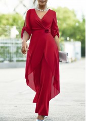 Chiffon Wine Red Flower Decoration Jumpsuit