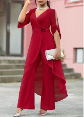 Chiffon Wine Red Flower Decoration Jumpsuit