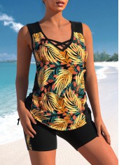Cross Strap Black Leaf Print Tankini Set