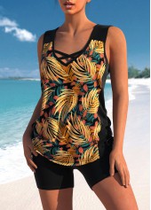 Cross Strap Black Leaf Print Tankini Set