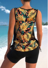 Cross Strap Black Leaf Print Tankini Set