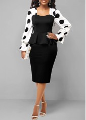Contrast Flare Cuff Polka Dot Black Dress