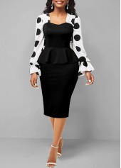 Contrast Flare Cuff Polka Dot Black Dress