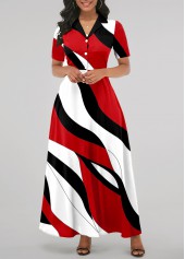 Geometric Print Pink Short Sleeve Maxi Dress