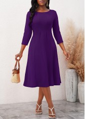 Purple 3/4 Sleeve Round Neck Dress