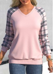 Tartan Print V Neck Dusty Pink Sweatshirt
