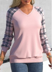 Tartan Print V Neck Dusty Pink Sweatshirt