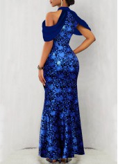 Floral Print Hot Stamping Sapphire Blue Maxi Dress