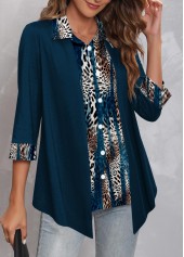 Dark Blue Plus Size Leopard Regular Sleeve Blouse