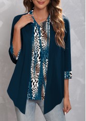 Dark Blue Plus Size Leopard Regular Sleeve Blouse