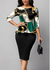 Chain Print Ruffle Black Midi Dress