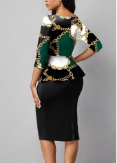 Chain Print Ruffle Black Midi Dress