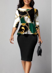 Chain Print Ruffle Black Midi Dress