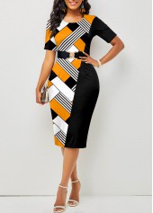 Yellow Geometric Print Round Neck Bodycon Dress