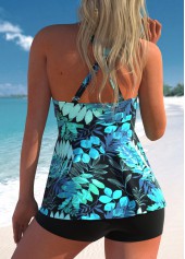 Cross Strap Tropical Plants Print Cyan Tankini Top-No Bottom