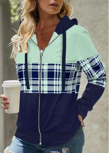 Plaid Zipper Mint Green Long Sleeve Hoodie
