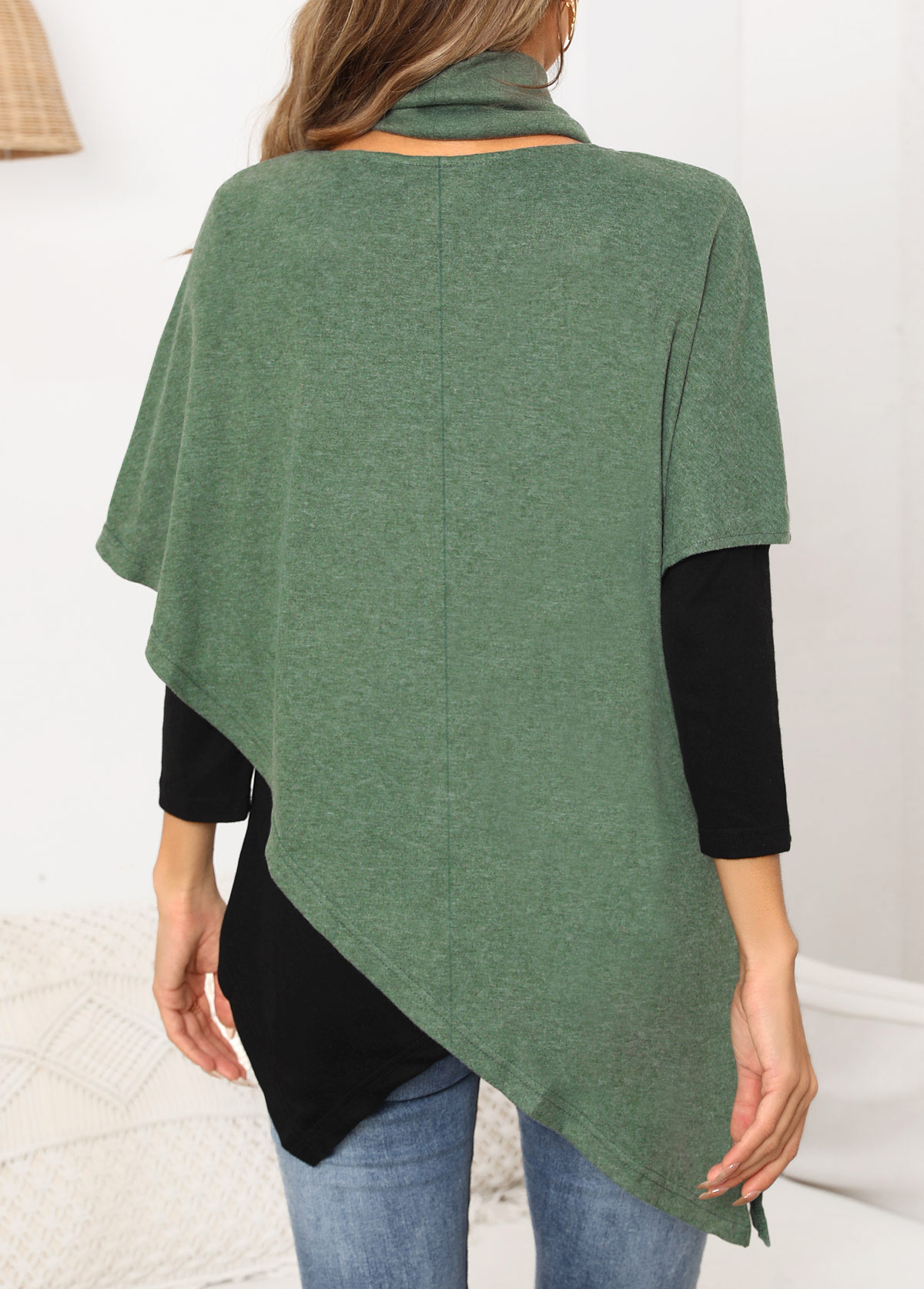 Asymmetric Hem Green Cowl Neck Cape Sleeve Sweatshirt