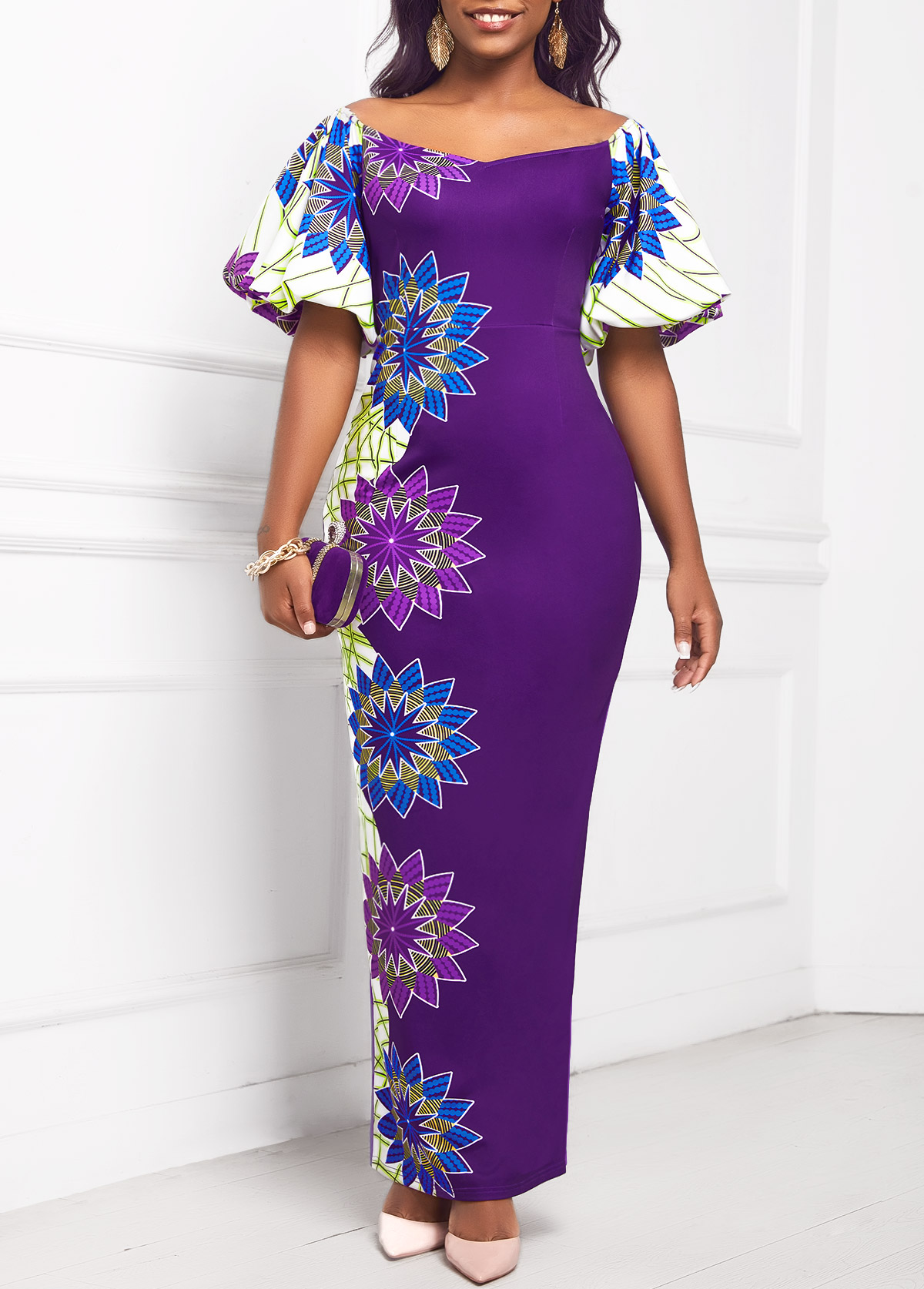 Floral Print Half Sleeve Purple Maxi Dress