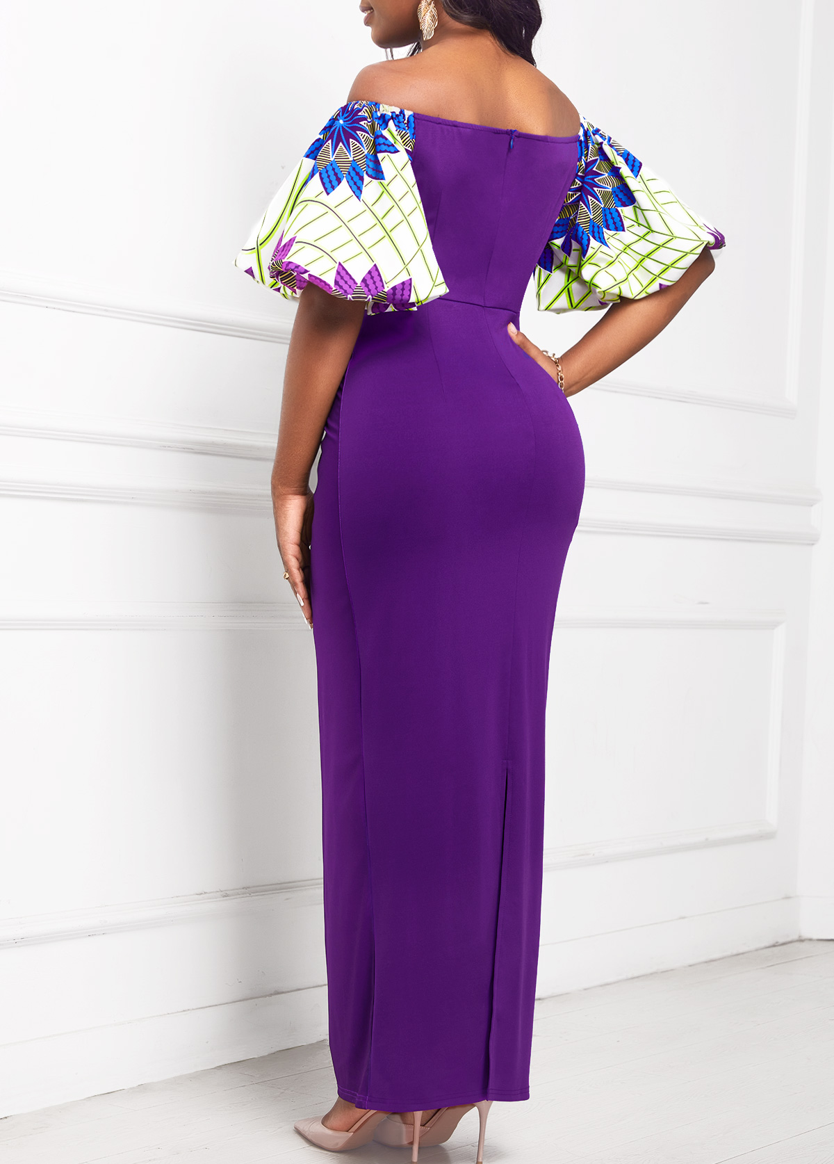 Floral Print Half Sleeve Purple Maxi Dress