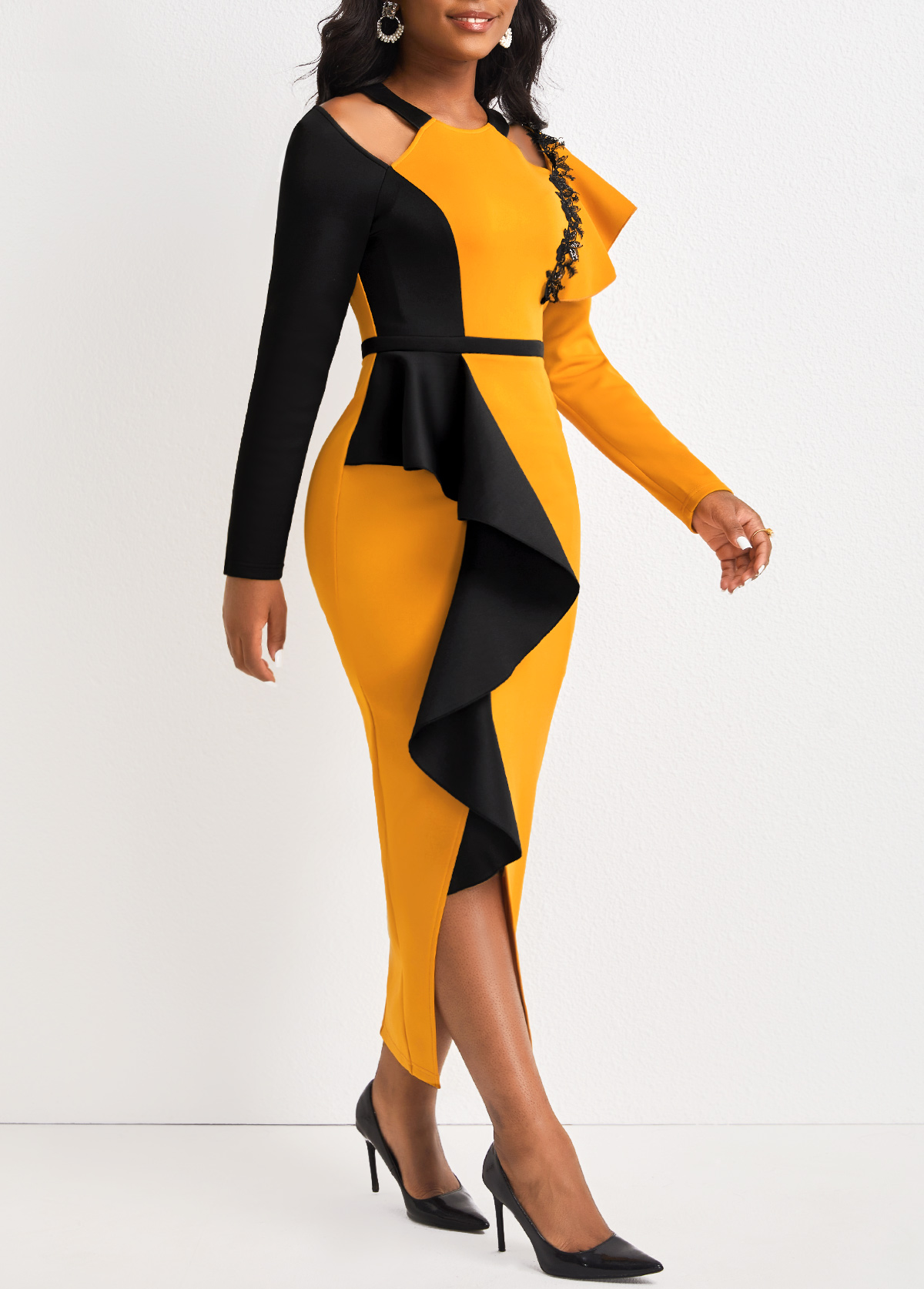 Contrast Color Ruffle Yellow Bodycon Dress