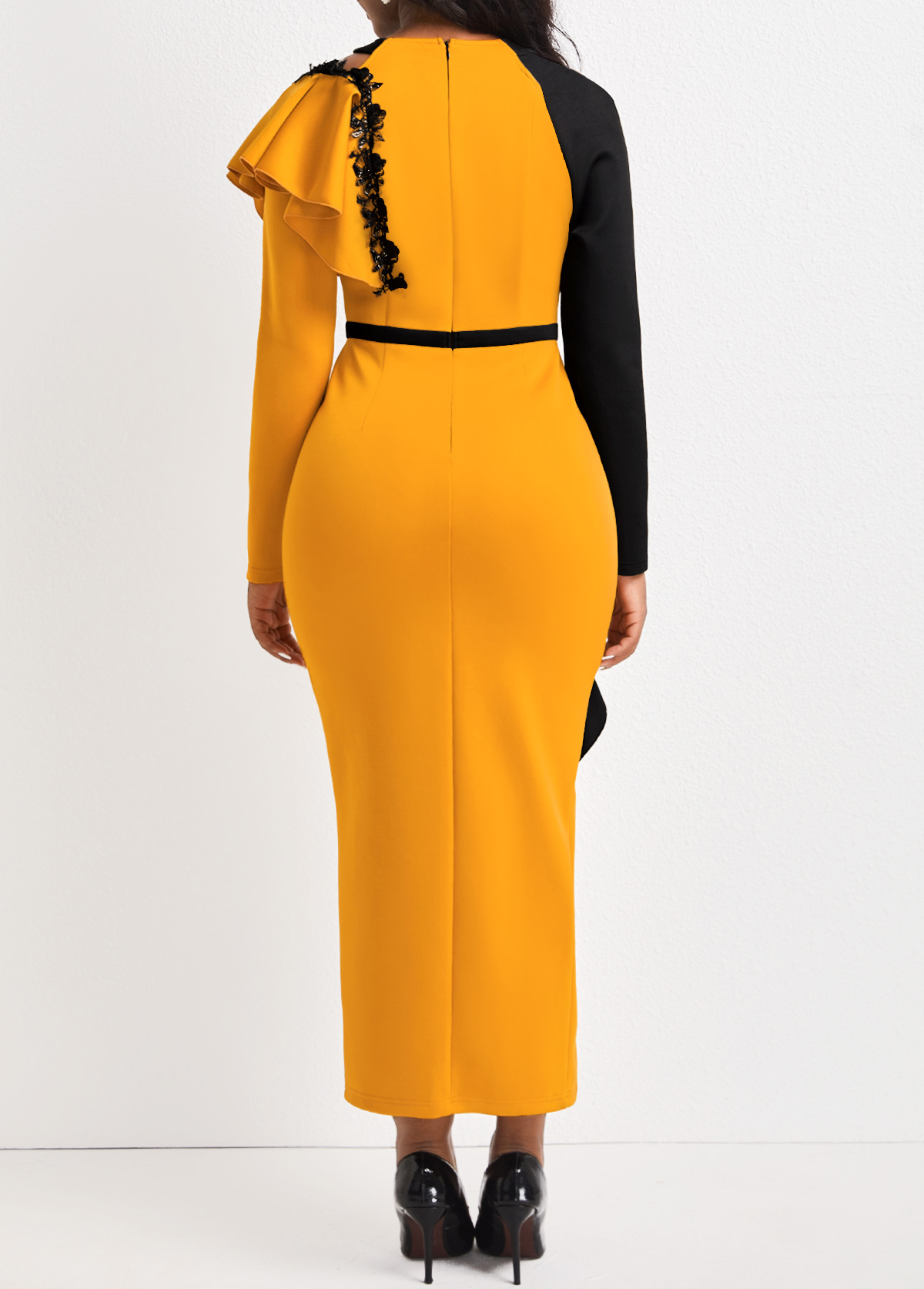 Contrast Color Ruffle Yellow Bodycon Dress