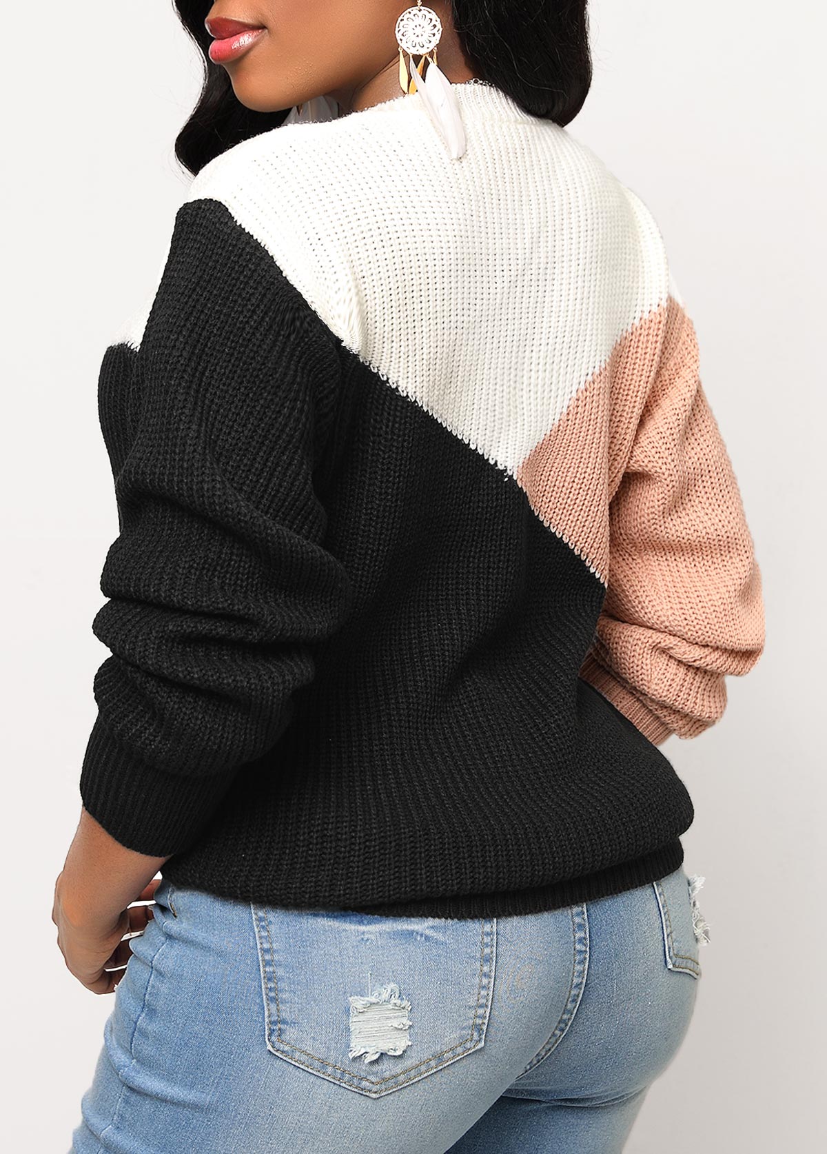 Contrast Long Sleeve Black Round Neck Sweater