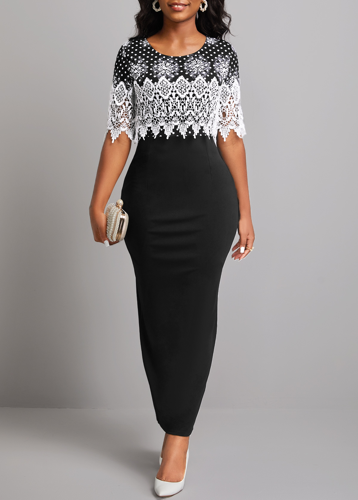 Polka Dot Lace Patchwork Black Bodycon Dress