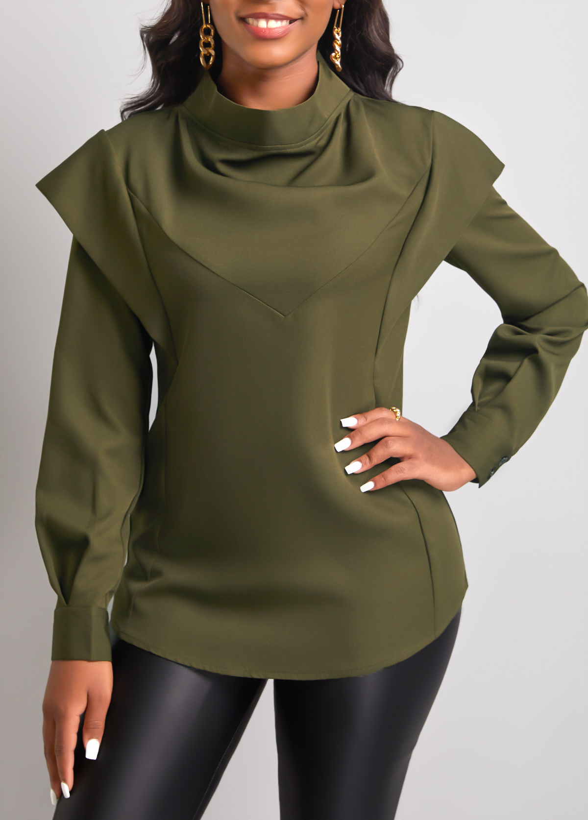 High Neck Olive Green Long Sleeve Blouse
