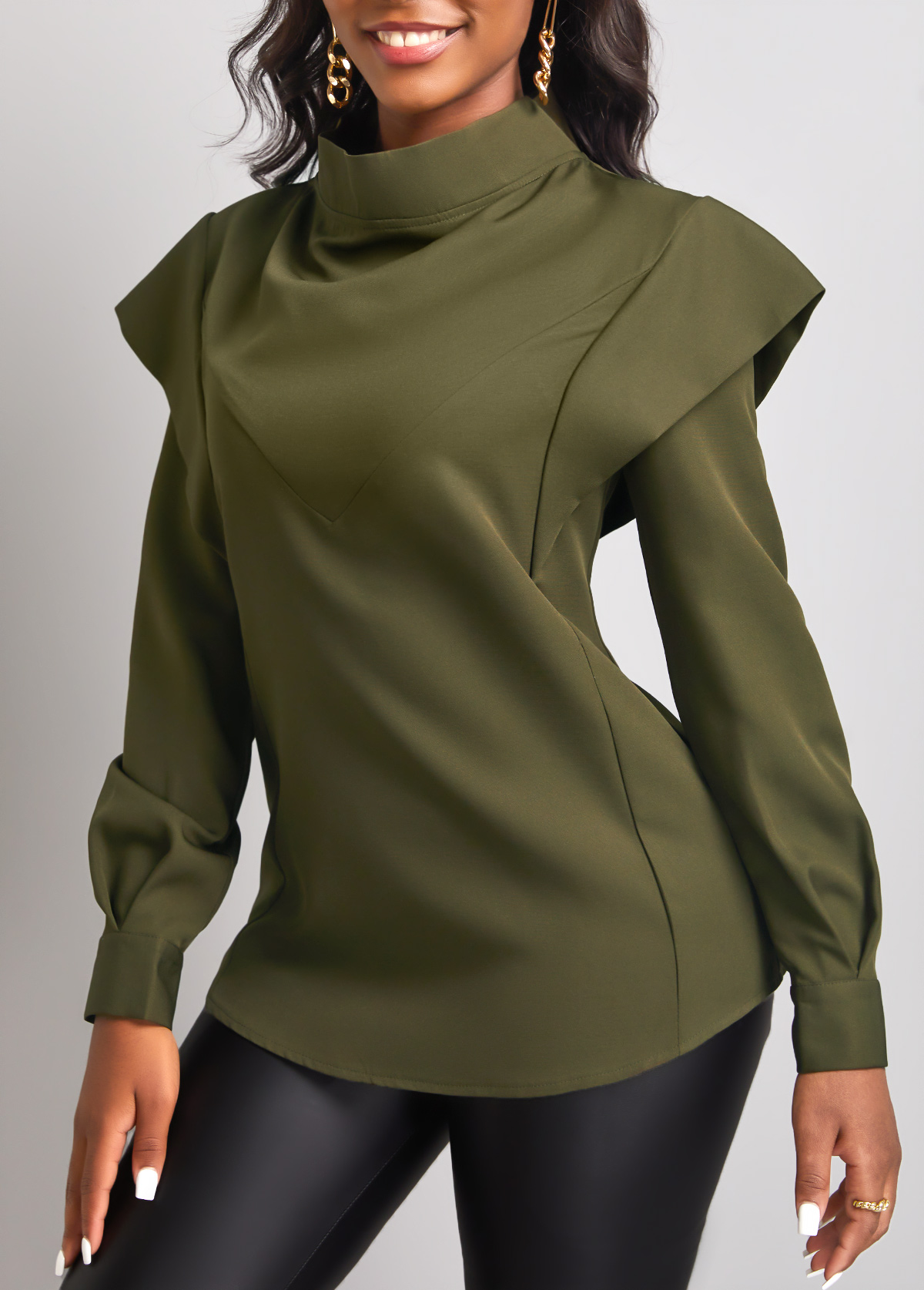 High Neck Olive Green Long Sleeve Blouse